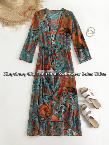 Γυναικείο μαγιό με φλοράλ μοτίβο και διαφανή φόρεμα παραλίας, πολυεστέρας, 100% πολυεστέρας, 230 g/m², κατάλληλο για κολύμβηση.