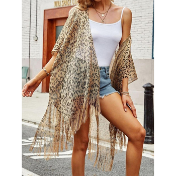 Σάλι με λεοπάρ εκτύπωση και φούντες, ανθεκτικό στον άνεμο, πολύ ελαφρύ, διαπνέον, πολυεστερικό ύφασμα με γρήγορο στέγνωμα