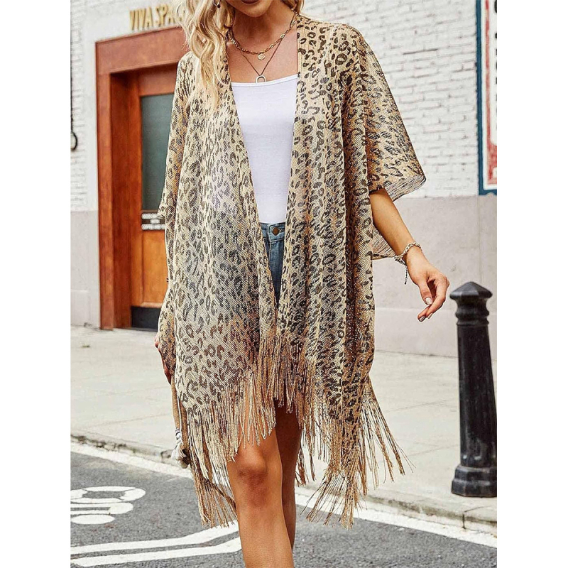 Σάλι με λεοπάρ εκτύπωση και φούντες, ανθεκτικό στον άνεμο, πολύ ελαφρύ, διαπνέον, πολυεστερικό ύφασμα με γρήγορο στέγνωμα