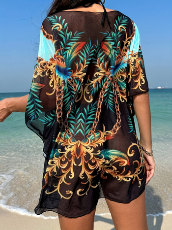 Vasaros pliažo komplektas: maudymosi viršus ir saulės apsaugos sijonas, pusiau permatomas tinklinis audinys su gradientiniu raštu, 95% poliesterio su 5% spandekso įdėklu, be plieninės atramos, be krūties pagalėlių