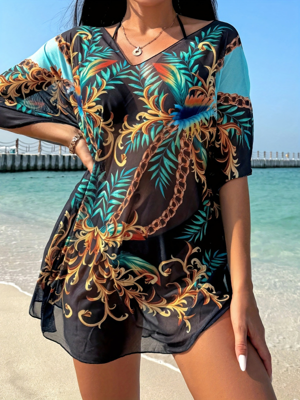 Vasaros pliažo komplektas: maudymosi viršus ir saulės apsaugos sijonas, pusiau permatomas tinklinis audinys su gradientiniu raštu, 95% poliesterio su 5% spandekso įdėklu, be plieninės atramos, be krūties pagalėlių