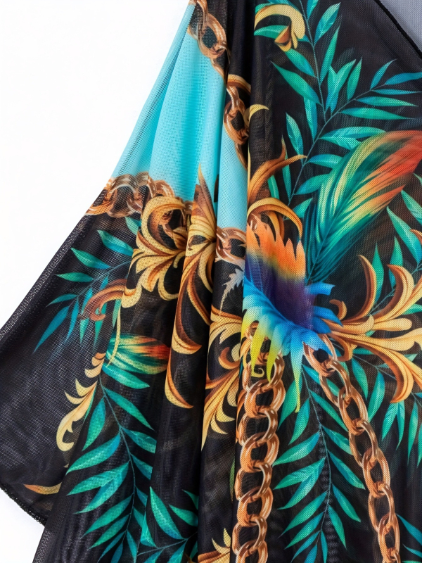 Vasaros pliažo komplektas: maudymosi viršus ir saulės apsaugos sijonas, pusiau permatomas tinklinis audinys su gradientiniu raštu, 95% poliesterio su 5% spandekso įdėklu, be plieninės atramos, be krūties pagalėlių