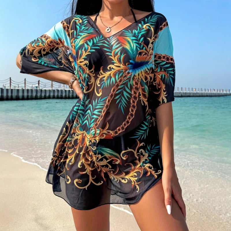 Vasaros pliažo komplektas: maudymosi viršus ir saulės apsaugos sijonas, pusiau permatomas tinklinis audinys su gradientiniu raštu, 95% poliesterio su 5% spandekso įdėklu, be plieninės atramos, be krūties pagalėlių