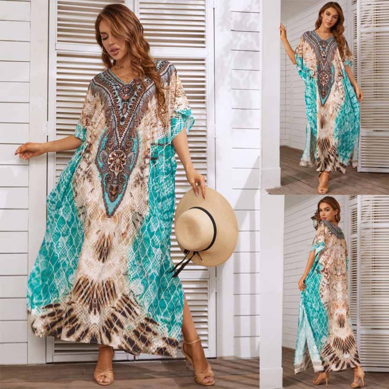 Rochie-cover-up de plajă cu imprimeu floral; material poliester-elastan cu uscare rapidă; guler rotund; mâneci batwing; talie lejeră