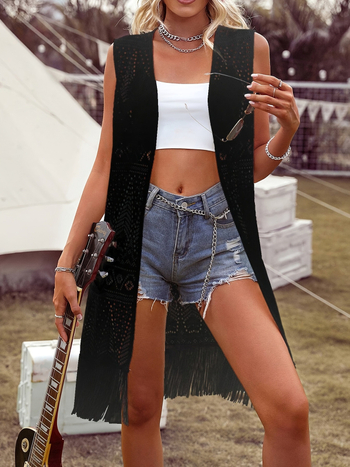 Γυναικεία χωρίς μανίκια μπλούζα παραλίας από crochet mesh, μεσαίου μήκους, προστασία από τον ήλιο, πολυεστερικό ύφασμα με επένδυση 5% σπαντέξ