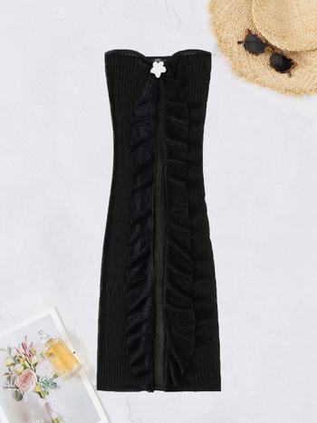 Γυναικείο φόρεμα-κάλυμμα παραλίας με δύο τρόπους φορέματος, μεταλλικά λουλούδια και διάτρητη δαντέλα, ύφασμα νάιλον 90% και επένδυση νάιλον 90%, σετ μαγιό