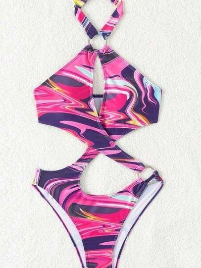 Costum de baie întreg cu imprimeu floral, spate decupat, cu padding pentru bust, din nailon, căptușeală din poliester și elastan.