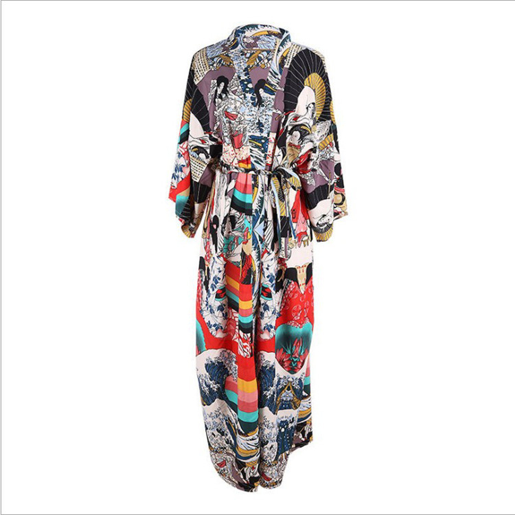 Acoperire de plajă în stil kimono pentru femei, imprimeu cu flori mici, poliester uscat rapid, 250 g, căptușeală poliester