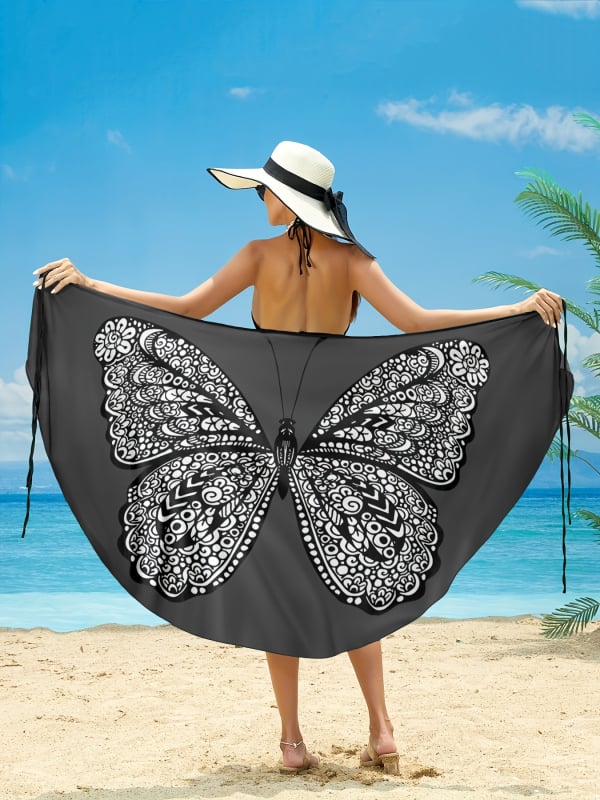 Paplūdimio drabužių komplektas su karikatūriniu drugelio raštu (Poliesteris; Karikatūrinis raštas; Paplūdimio komplektas porai; Moterims; Tinka plaukimui)