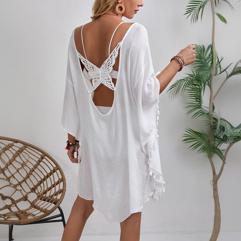 Rochie de plajă din poliester, culoare solidă, guler rotund, lungime midi, croială a fustei neregulată