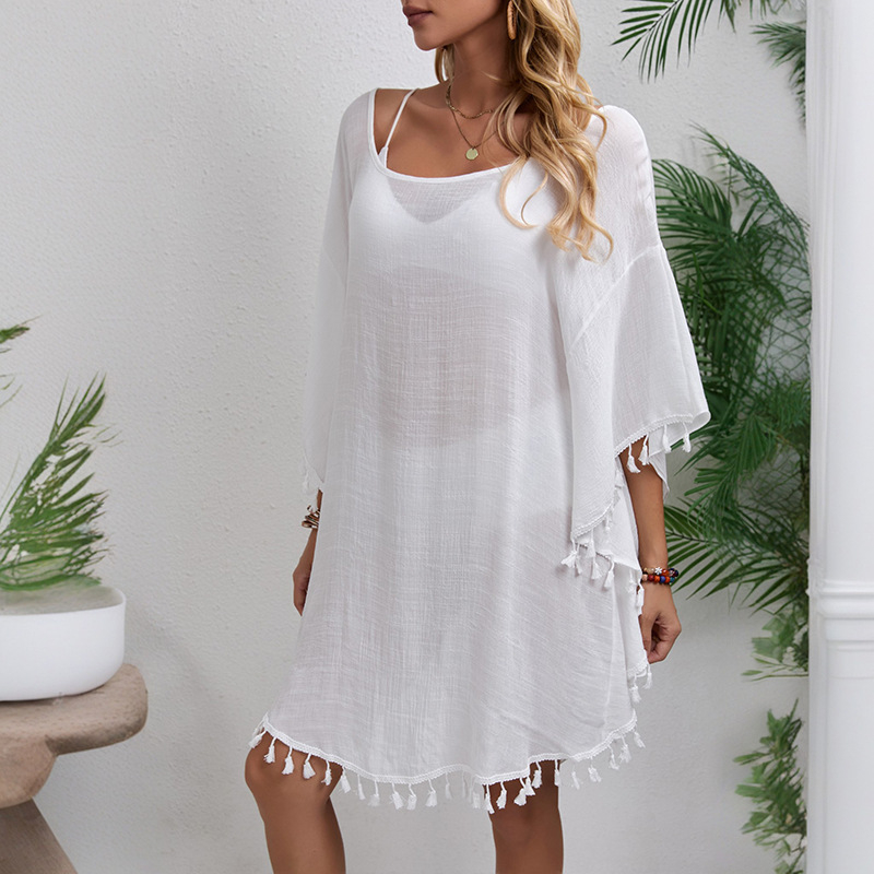 Rochie de plajă din poliester, culoare solidă, guler rotund, lungime midi, croială a fustei neregulată