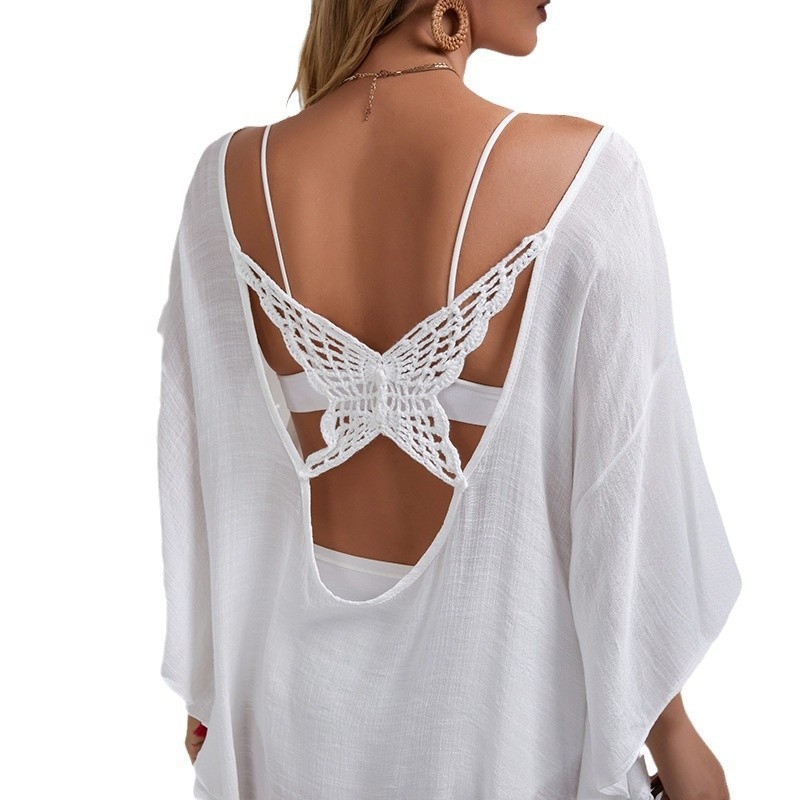 Rochie de plajă din poliester, culoare solidă, guler rotund, lungime midi, croială a fustei neregulată