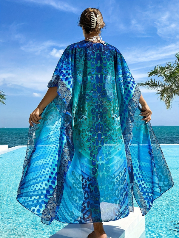 Cover-up de plajă pentru femei, imprimeu boem, lung, protecție UV; material 95% poliester, căptușeală 5% spandex