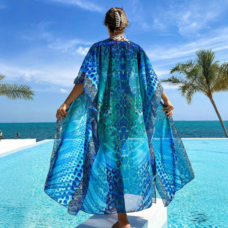 Cover-up de plajă pentru femei, imprimeu boem, lung, protecție UV; material 95% poliester, căptușeală 5% spandex