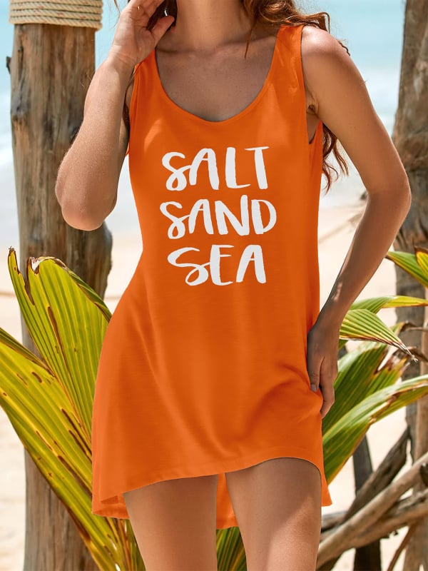 Rochie de plajă fără mâneci pentru femei, imprimeu cu litere, țesătură Milk Silk, 95% poliester, căptușeală poliester