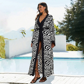 Γυναικείο μπλούζ-καρντάγιο παραλίας με ζέβρα μοτίβο από ράιόν, επένδυση πολυεστέρα, κατάλληλο για κολύμβηση