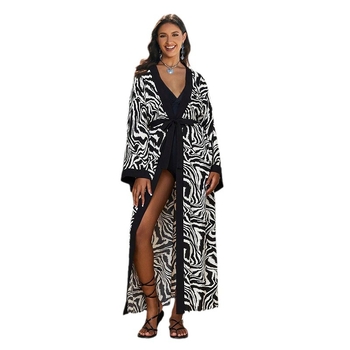 Γυναικείο μπλούζ-καρντάγιο παραλίας με ζέβρα μοτίβο από ράιόν, επένδυση πολυεστέρα, κατάλληλο για κολύμβηση