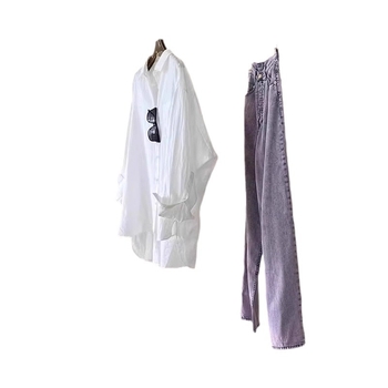 Риза от памук-лен смес с коноп и спандекс, поло яка, ръкав тип бат, свободен силует, сплайс стил