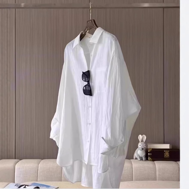 Cămașă din amestec de bumbac și in cu cânepă și elastan, guler polo, mâneci tip bat, croială lejeră, stil spliced leisure