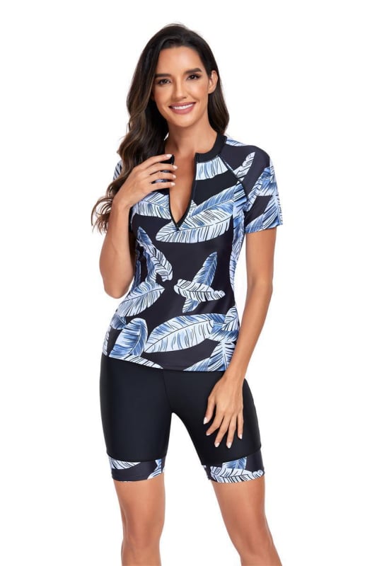 Női két részes szörfös fürdőruha napvédő, karcsúsító fazon, rövid ujjú, melltartó párnával, poliészter