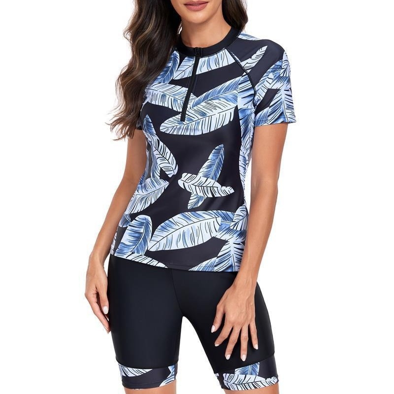 Női két részes szörfös fürdőruha napvédő, karcsúsító fazon, rövid ujjú, melltartó párnával, poliészter