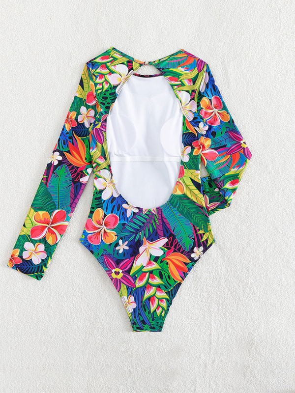 Costum de baie întreg cu spate decupat, decolteu rotund, mâneci lungi, imprimeu cu flori rupte (uscare rapidă, mare elasticitate)