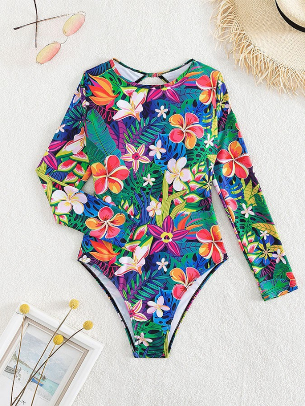 Costum de baie întreg cu spate decupat, decolteu rotund, mâneci lungi, imprimeu cu flori rupte (uscare rapidă, mare elasticitate)