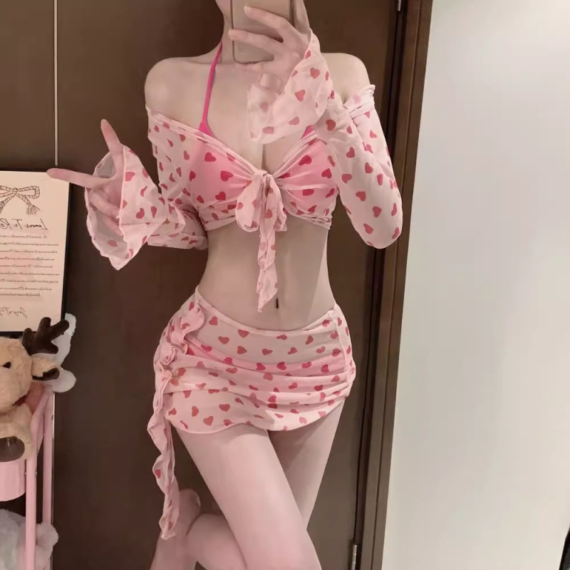 Set de baie pentru femei, patru piese, cu model floral, spate decupat, cupă căptușită, croială strânsă; material milk silk cu căptușeală poliester
