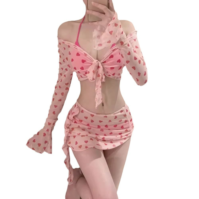 Set de baie pentru femei, patru piese, cu model floral, spate decupat, cupă căptușită, croială strânsă; material milk silk cu căptușeală poliester