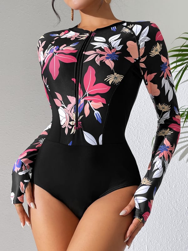 Costum de baie întreg cu mâneci lungi, imprimeu floral, croială strânsă, cu burete la bust, material poliester-spandex 85%/15%