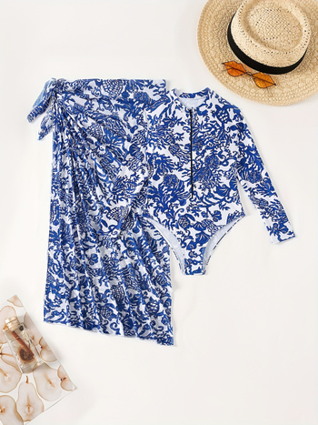 Set de plajă imprimat pentru femei, cu mâneci lungi, uscare rapidă și respirabil, poliester 82% / spandex 18%