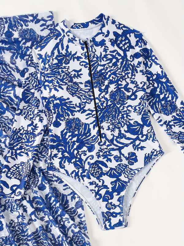 Set de plajă imprimat pentru femei, cu mâneci lungi, uscare rapidă și respirabil, poliester 82% / spandex 18%