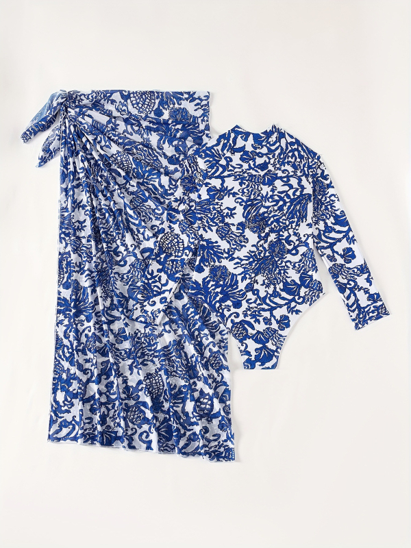 Set de plajă imprimat pentru femei, cu mâneci lungi, uscare rapidă și respirabil, poliester 82% / spandex 18%