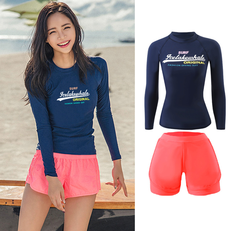 Costum de baie de damă două piese, mâneci lungi, acoperire a abdomenului, design conservator pentru piscină și băi termale; Brand Ice Lake Whale; Material: nylon 80%; Model: solid; Cupă bust cu burete, fără suport metalic; Stil: slip