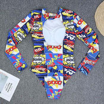 Γυναικείος ολόσωμος μαγιό, με μακριά μανίκια, χωρίς πλάτη, με εκτύπωση, πολυεστερικό ύφασμα με επένδυση από σπαντέξ