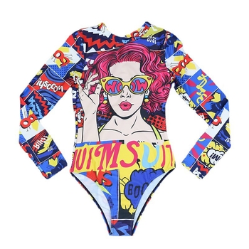 Γυναικείος ολόσωμος μαγιό, με μακριά μανίκια, χωρίς πλάτη, με εκτύπωση, πολυεστερικό ύφασμα με επένδυση από σπαντέξ