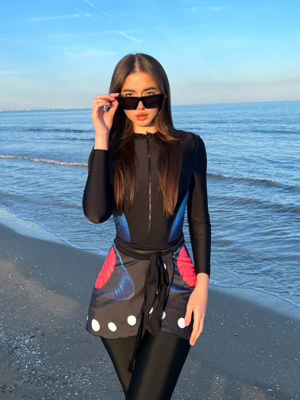 Συντηρητικό γυναικείο μαγιό με μακριά μανίκια και παντελόνια, σετ τριών τεμαχίων με επένδυση στήθους, ύφασμα πολυεστέρα 84/16, κατάλληλο για κολύμβηση και βάδισμα σε ρηχά.