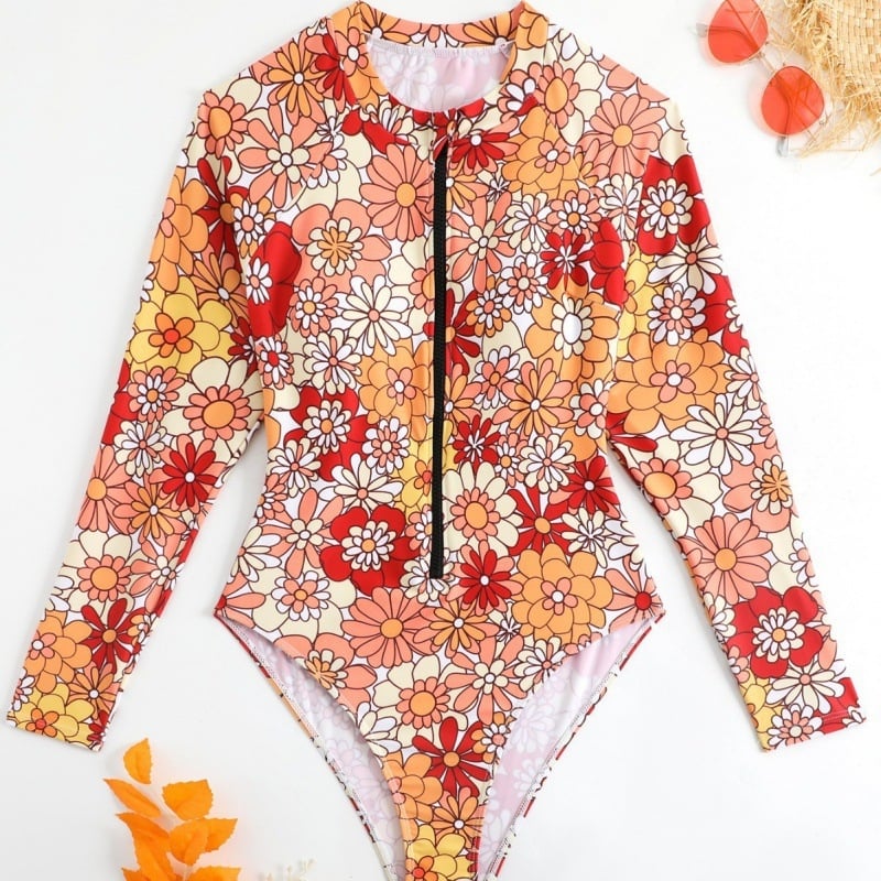 Costum de baie întreg cu model floral, mâneci lungi, suport din oțel și fără bureți.