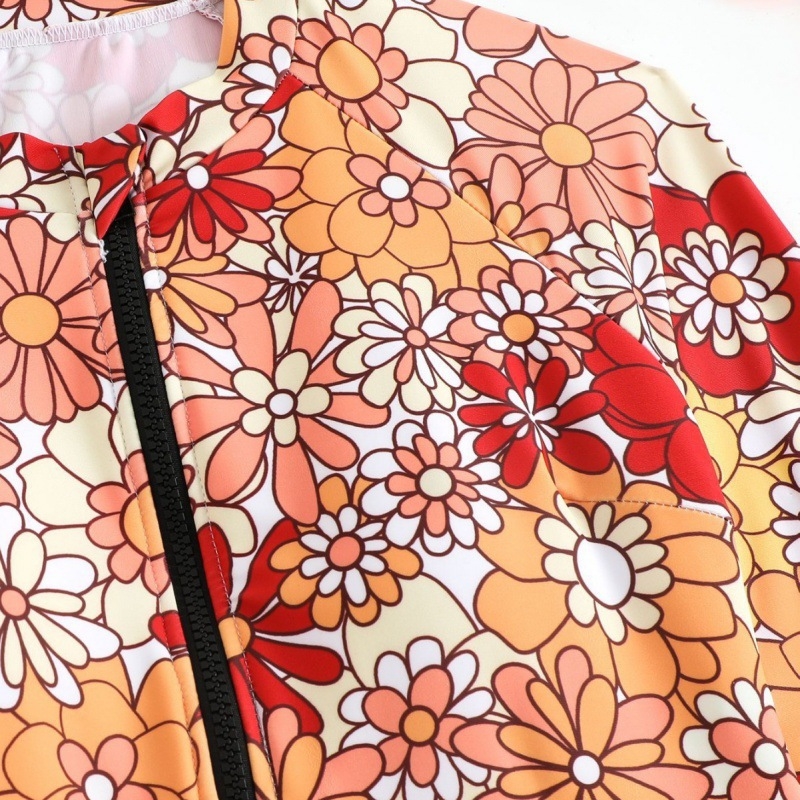 Costum de baie întreg cu model floral, mâneci lungi, suport din oțel și fără bureți.