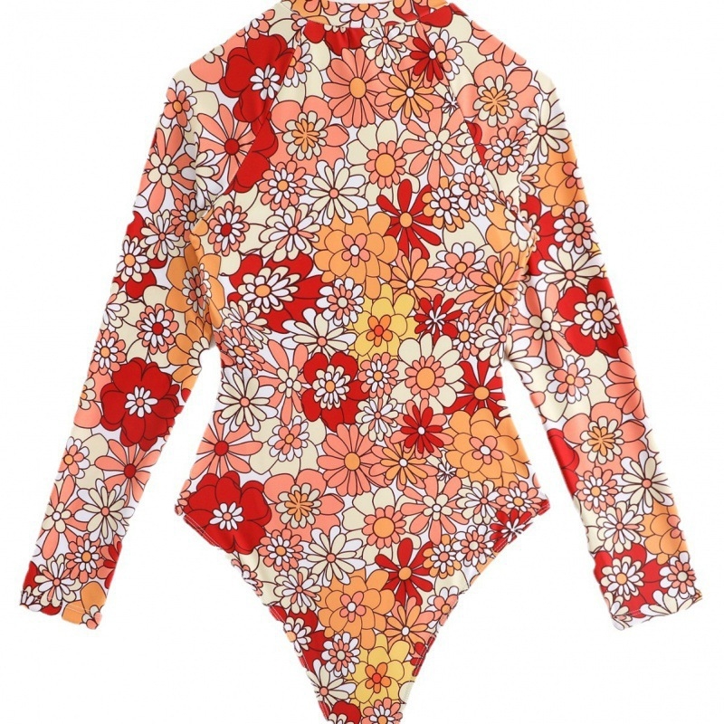 Costum de baie întreg cu model floral, mâneci lungi, suport din oțel și fără bureți.