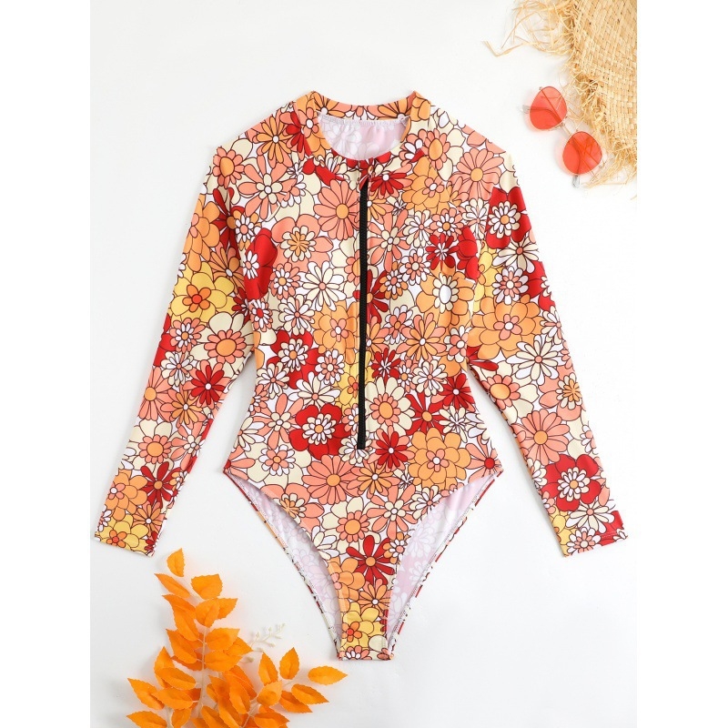 Costum de baie întreg cu model floral, mâneci lungi, suport din oțel și fără bureți.