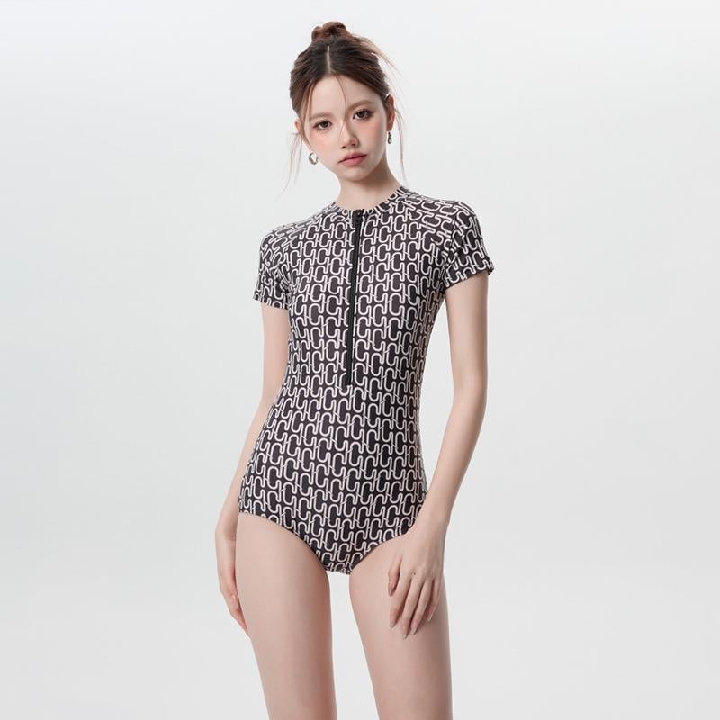 Costum de baie întreg pentru femei - imprimeu cu talie înaltă, burete pentru bust, material poliester