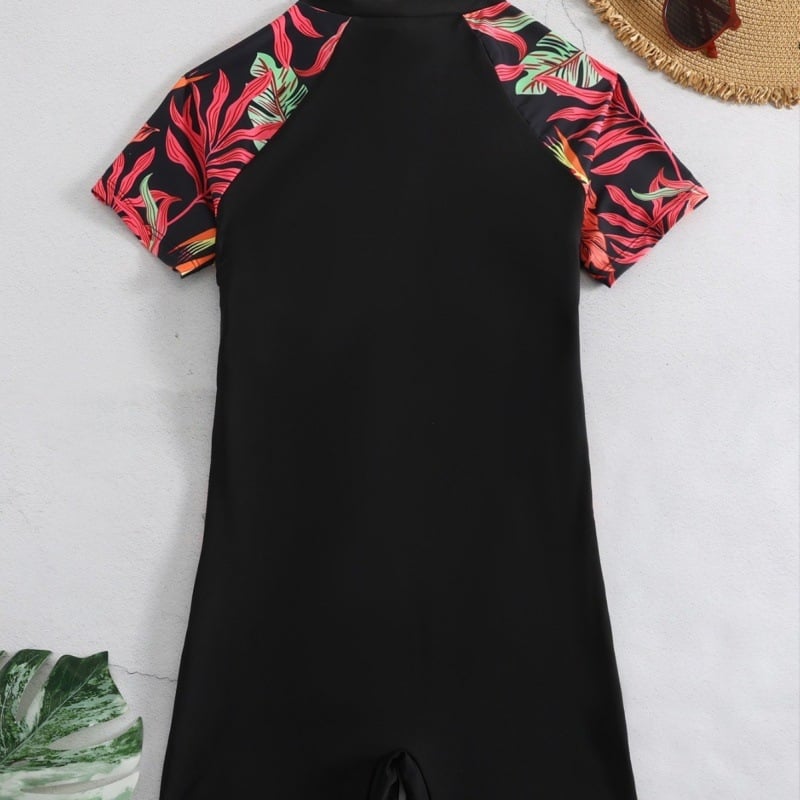 Costum de baie pentru femei, unic piesă, cu fermoar, partea inferioară în stil boxer, model uni, poliester cu căptușeală 18% spandex