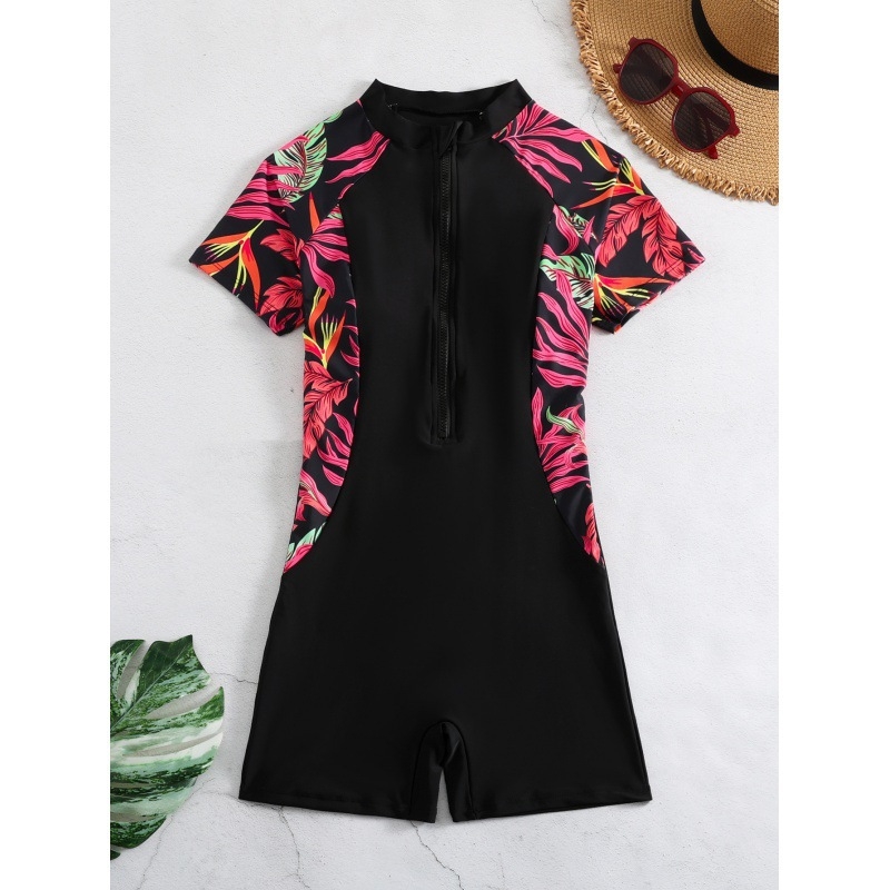 Costum de baie pentru femei, unic piesă, cu fermoar, partea inferioară în stil boxer, model uni, poliester cu căptușeală 18% spandex