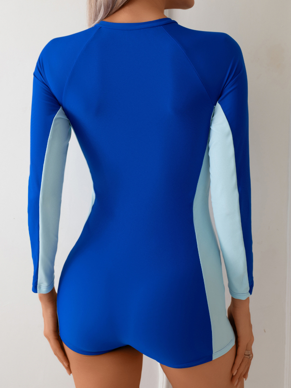 Costum de baie întreg pentru femei, cu fermoar frontal, cu pad pentru bust, material poliester cu uscare rapidă, mâneci lungi, elasticitate ridicată