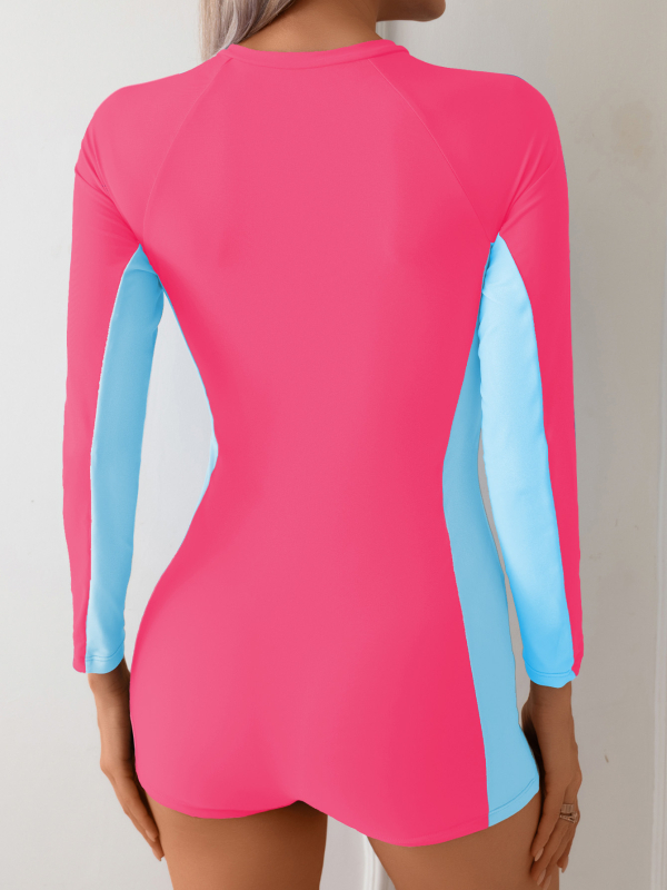 Costum de baie întreg pentru femei, cu fermoar frontal, cu pad pentru bust, material poliester cu uscare rapidă, mâneci lungi, elasticitate ridicată