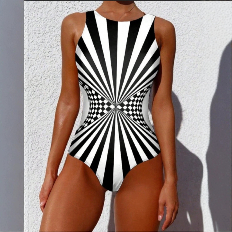 Costum de baie întreg pentru femei, cu bretele – design sexy cu spate decupat, dungat; material poliester, căptușeală poliester+ elastan 18%