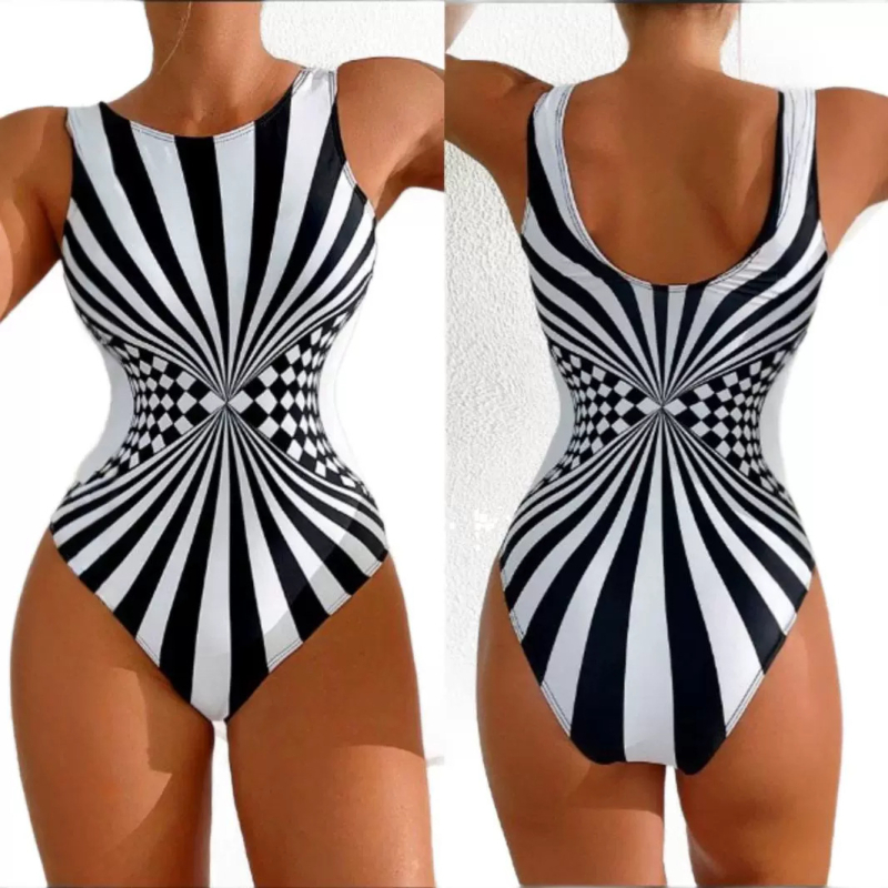 Costum de baie întreg pentru femei, cu bretele – design sexy cu spate decupat, dungat; material poliester, căptușeală poliester+ elastan 18%