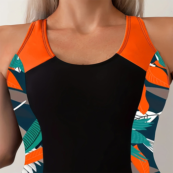 Ολόσωμο μαγιό με U-λαιμό, εκτύπωση σε συντηρητικό σχέδιο, επένδυση για το στήθος, ύφασμα Nylon-Spandex