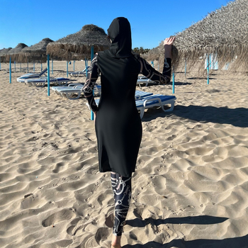 Σετ παραλίας γυναικών με προστασία από τον ήλιο, τριών τεμαχίων, μακρυμάνικος τοπ και φούστα midi, πολυεστέρας, εκτύπωση